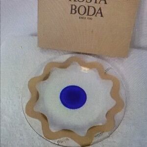 Kosta Boda Glass Cosmos Blue Dot Dessert Plate Gold Rim Signed 8" NEW IN BOX